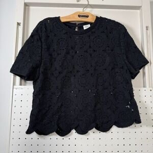 Abercrombie & Fitch Crochet Blouse Women's Medium Black Scalloped Hem Key Hole